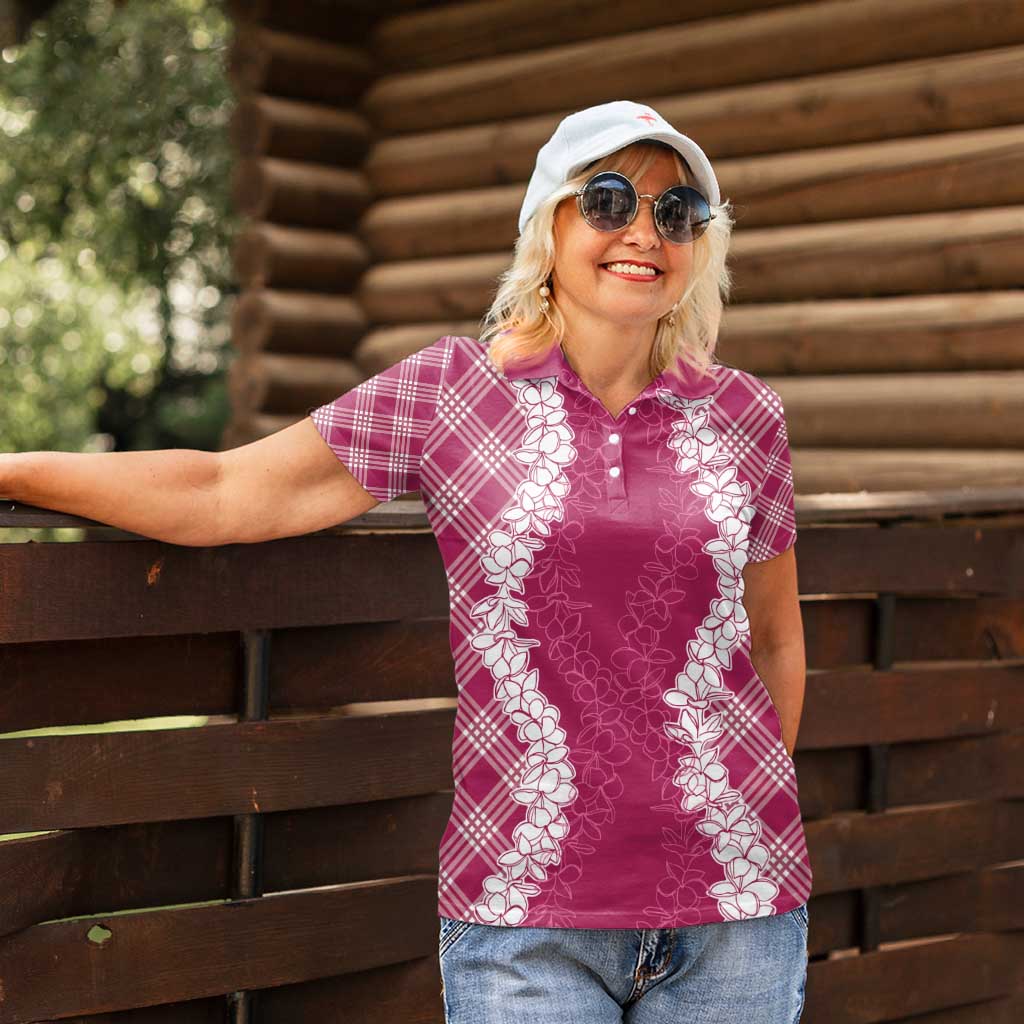 Hawaii Aloha Plumeria Lei Fuschia Palaka Women Polo Shirt - Polynesian Pride