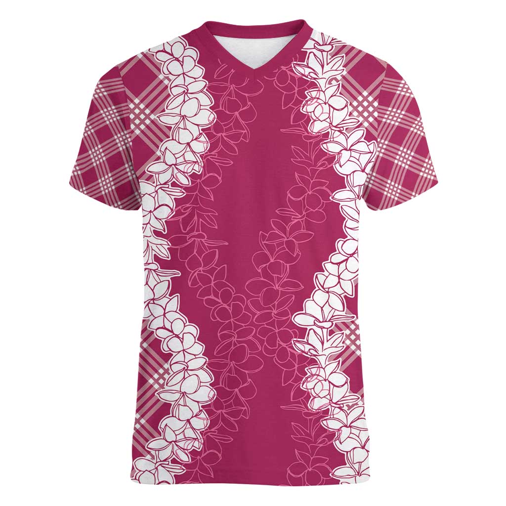 Hawaii Aloha Plumeria Lei Fuschia Palaka Women V-Neck T-Shirt - Polynesian Pride