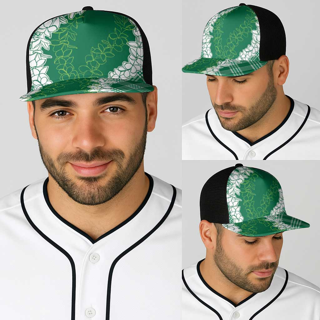 Hawaii Aloha Plumeria Lei Green Palaka Baseball Net Cap - Polynesian Pride