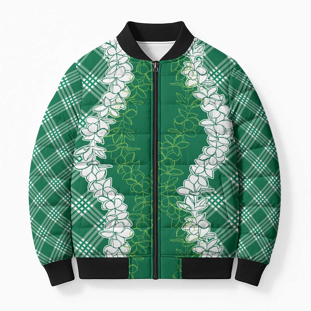 Hawaii Aloha Plumeria Lei Green Palaka Bomber Puffer Jacket - Polynesian Pride