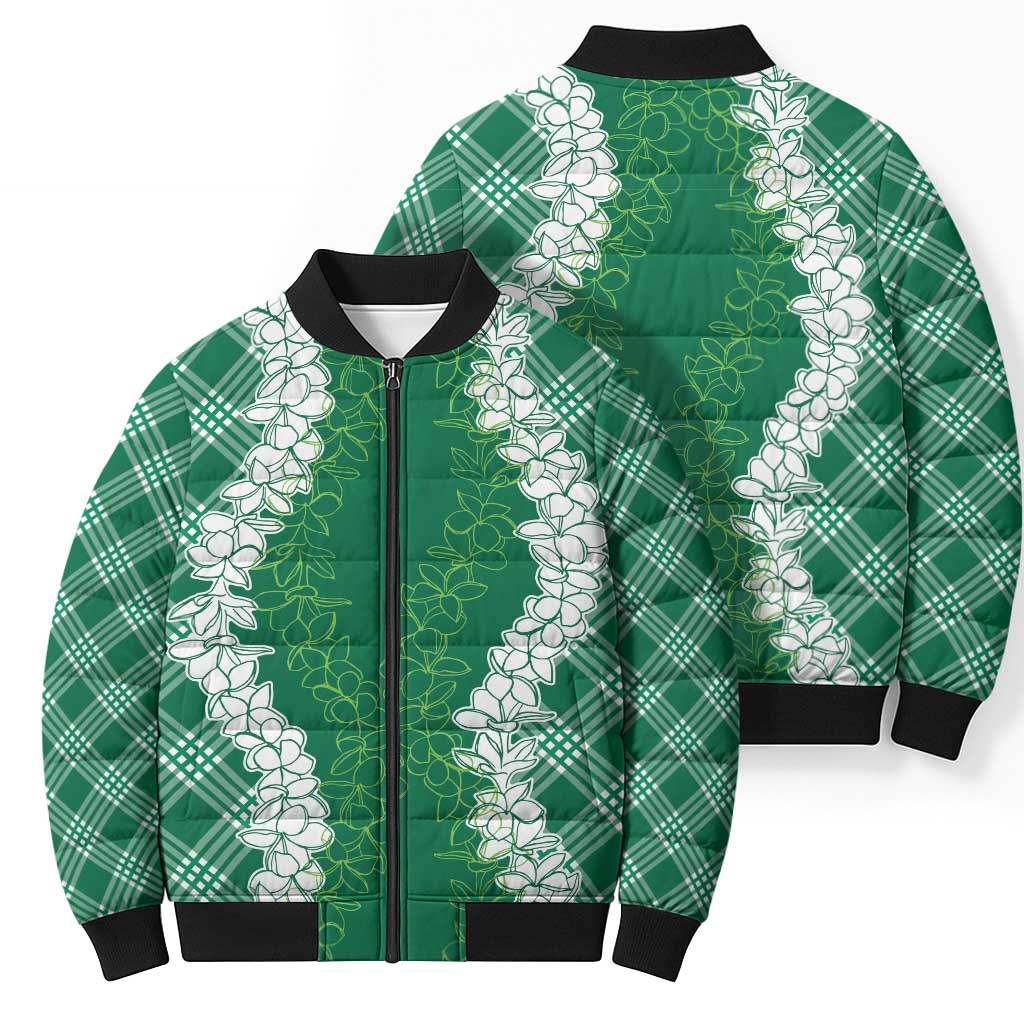 Hawaii Aloha Plumeria Lei Green Palaka Bomber Puffer Jacket - Polynesian Pride