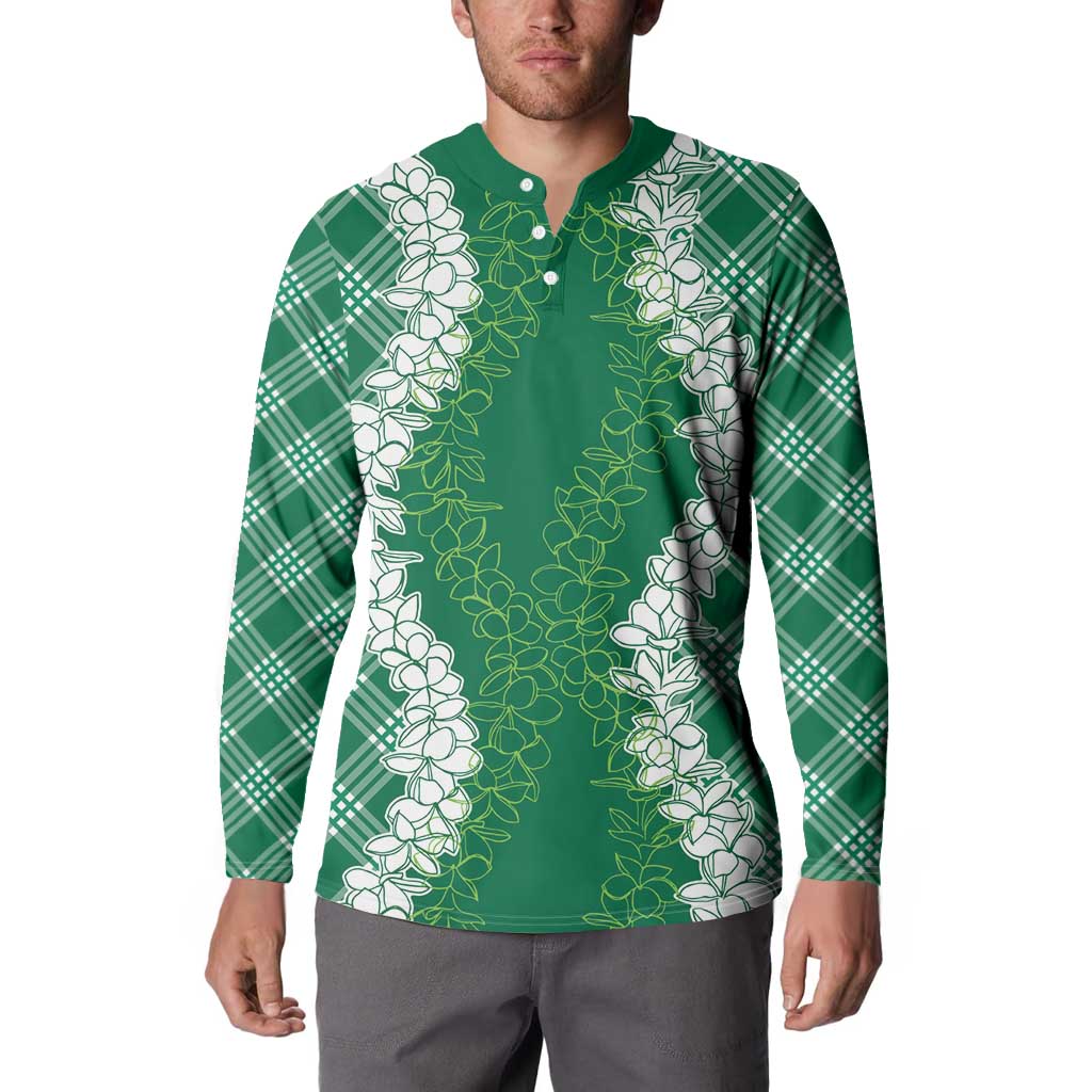 Hawaii Aloha Plumeria Lei Green Palaka Button Sweatshirt - Polynesian Pride