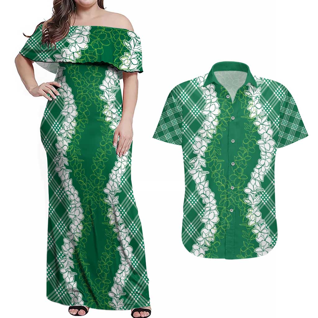 Hawaii Aloha Plumeria Lei Green Palaka Couples Matching Off Shoulder Maxi Dress and Hawaiian Shirt - Polynesian Pride