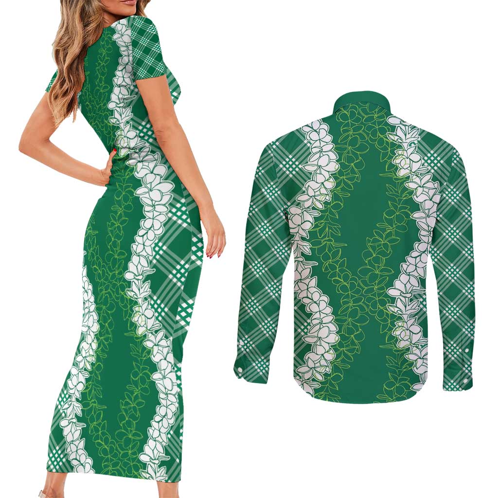 Hawaii Aloha Plumeria Lei Green Palaka Couples Matching Short Sleeve Bodycon Dress and Long Sleeve Button Shirt - Polynesian Pride