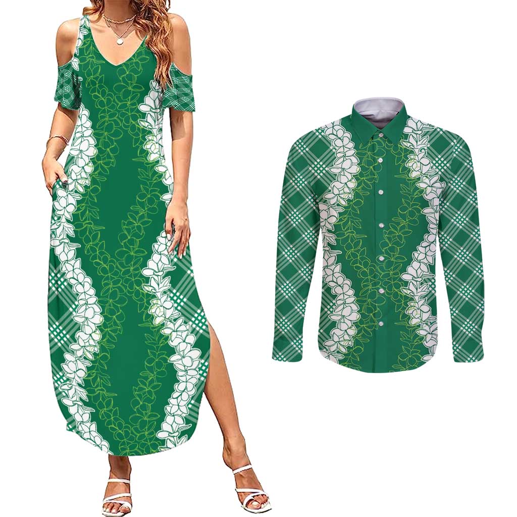 Hawaii Aloha Plumeria Lei Green Palaka Couples Matching Summer Maxi Dress and Long Sleeve Button Shirt - Polynesian Pride