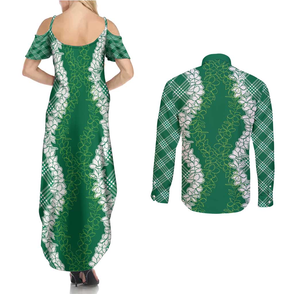 Hawaii Aloha Plumeria Lei Green Palaka Couples Matching Summer Maxi Dress and Long Sleeve Button Shirt - Polynesian Pride