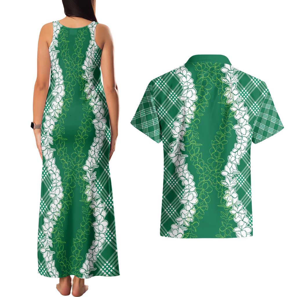 Hawaii Aloha Plumeria Lei Green Palaka Couples Matching Tank Maxi Dress and Hawaiian Shirt - Polynesian Pride