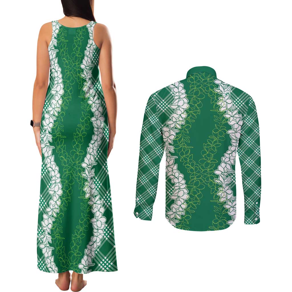 Hawaii Aloha Plumeria Lei Green Palaka Couples Matching Tank Maxi Dress and Long Sleeve Button Shirt - Polynesian Pride