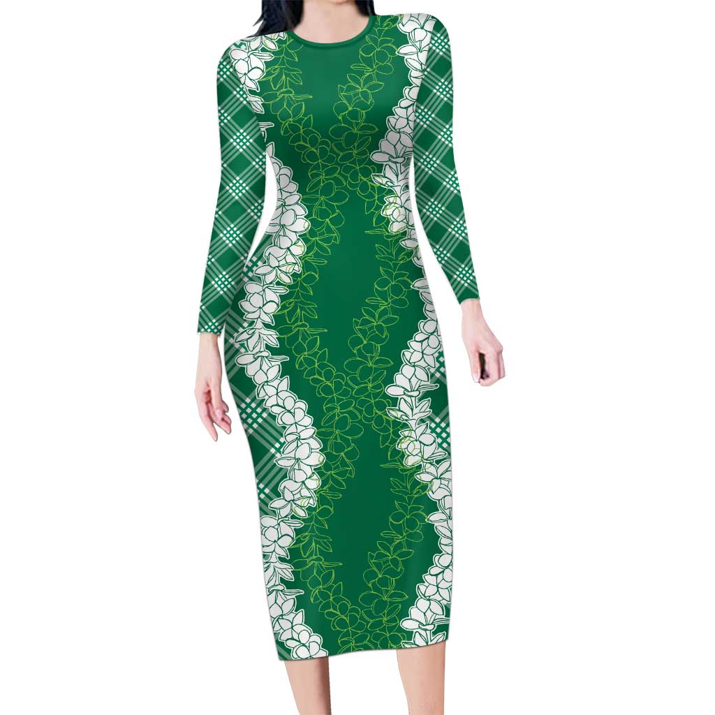 Hawaii Aloha Plumeria Lei Green Palaka Family Matching Long Sleeve Bodycon Dress and Hawaiian Shirt - Polynesian Pride