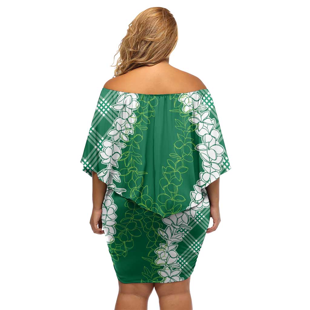 Hawaii Aloha Plumeria Lei Green Palaka Family Matching Off Shoulder Short Dress and Hawaiian Shirt - Polynesian Pride