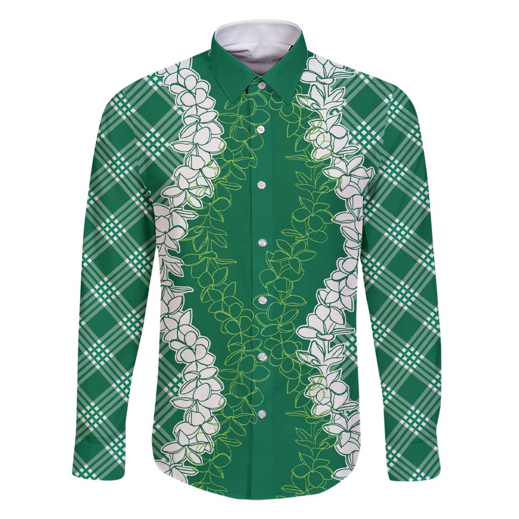 Hawaii Aloha Plumeria Lei Green Palaka Family Matching Short Sleeve Bodycon Dress and Hawaiian Shirt - Polynesian Pride
