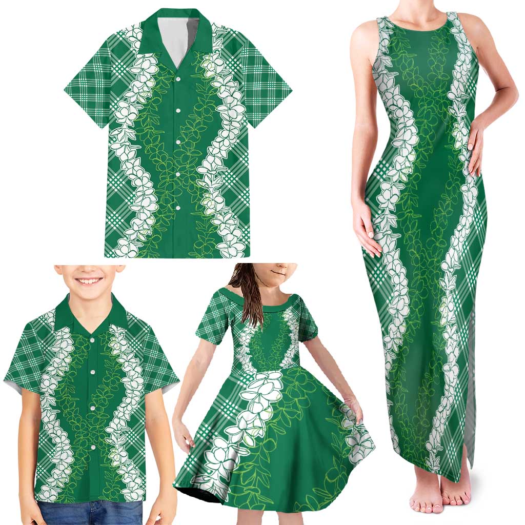 Hawaii Aloha Plumeria Lei Green Palaka Family Matching Tank Maxi Dress and Hawaiian Shirt - Polynesian Pride