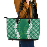 Hawaii Aloha Plumeria Lei Green Palaka Leather Tote Bag - Polynesian Pride