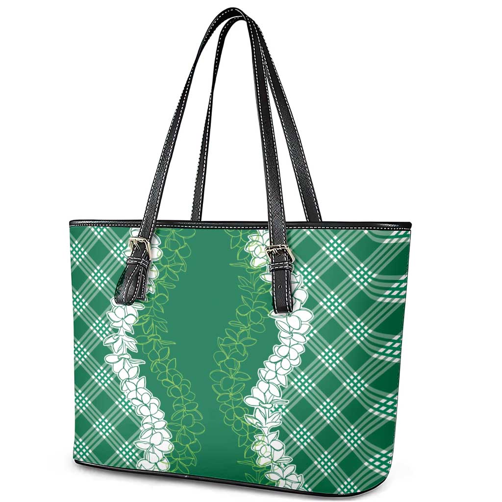Hawaii Aloha Plumeria Lei Green Palaka Leather Tote Bag - Polynesian Pride