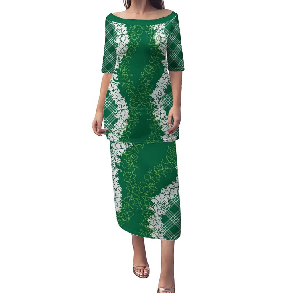 Hawaii Aloha Plumeria Lei Green Palaka Puletasi LT7 Long Dress Green - Polynesian Pride