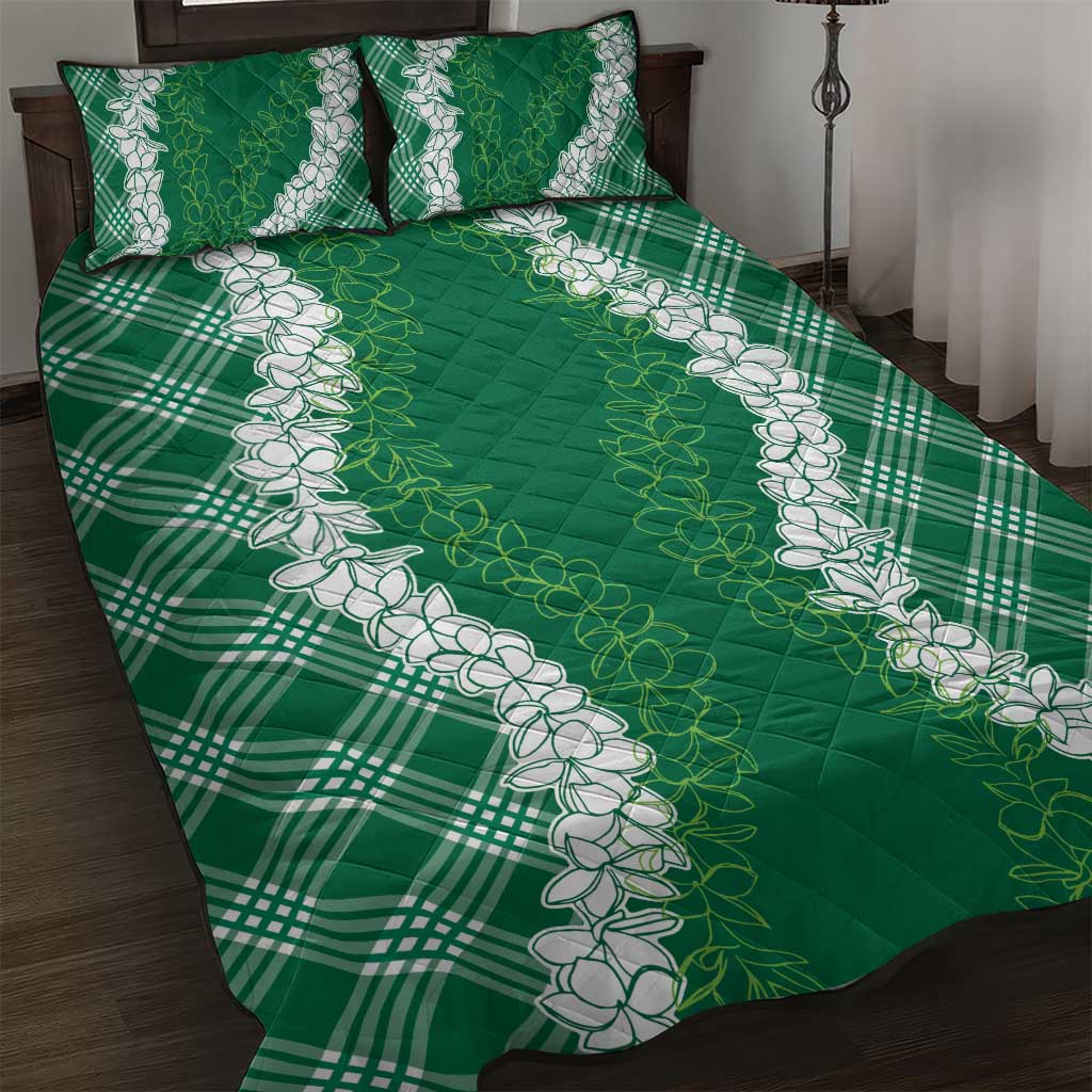 Hawaii Aloha Plumeria Lei Green Palaka Quilt Bed Set - Polynesian Pride