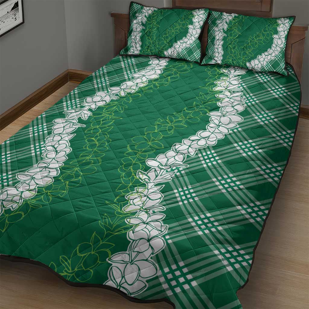 Hawaii Aloha Plumeria Lei Green Palaka Quilt Bed Set - Polynesian Pride