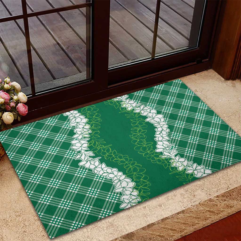Hawaii Aloha Plumeria Lei Green Palaka Rubber Doormat - Polynesian Pride