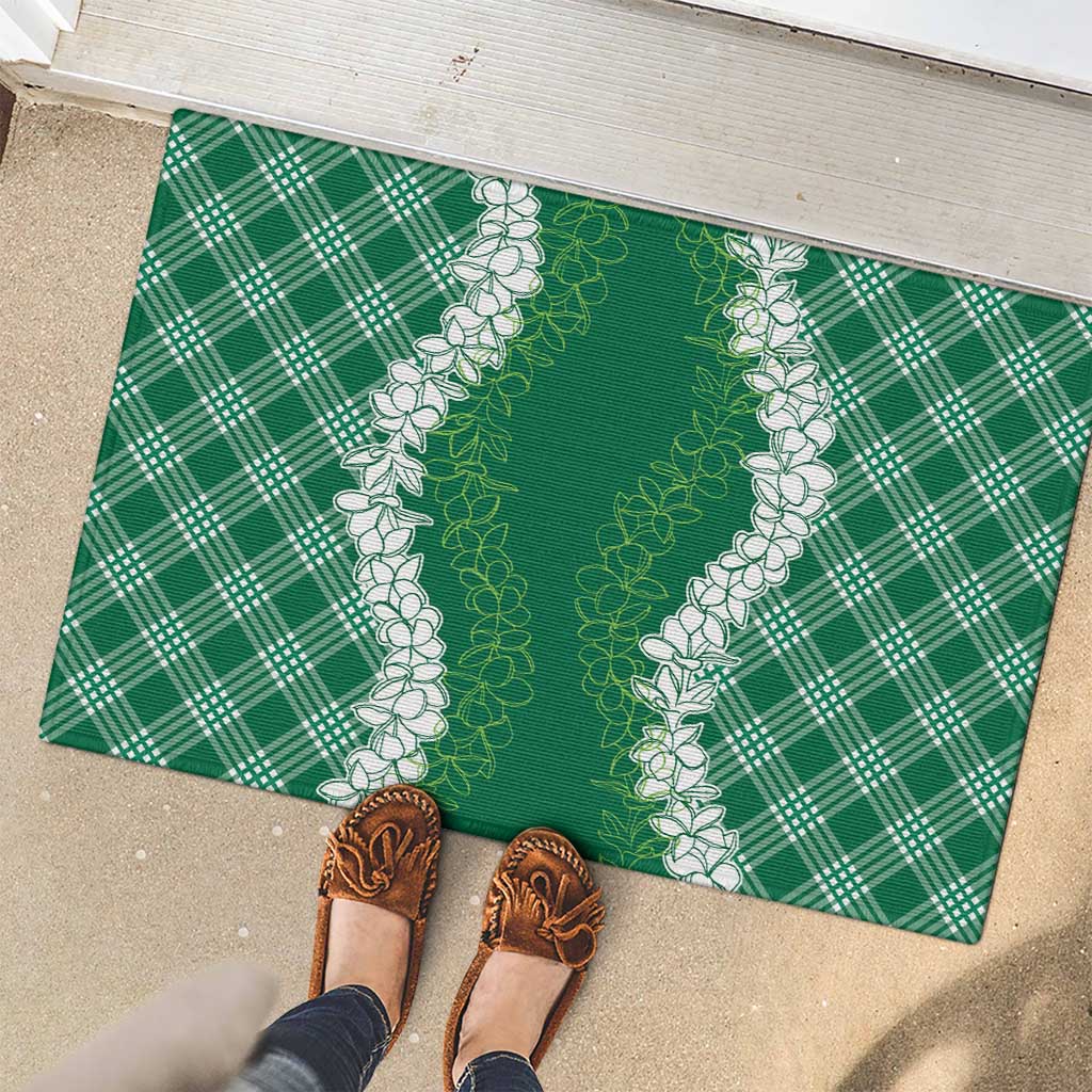 Hawaii Aloha Plumeria Lei Green Palaka Rubber Doormat - Polynesian Pride