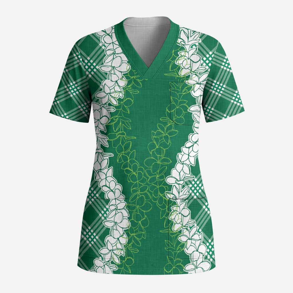 Hawaii Aloha Plumeria Lei Green Palaka Scrub Top - Polynesian Pride