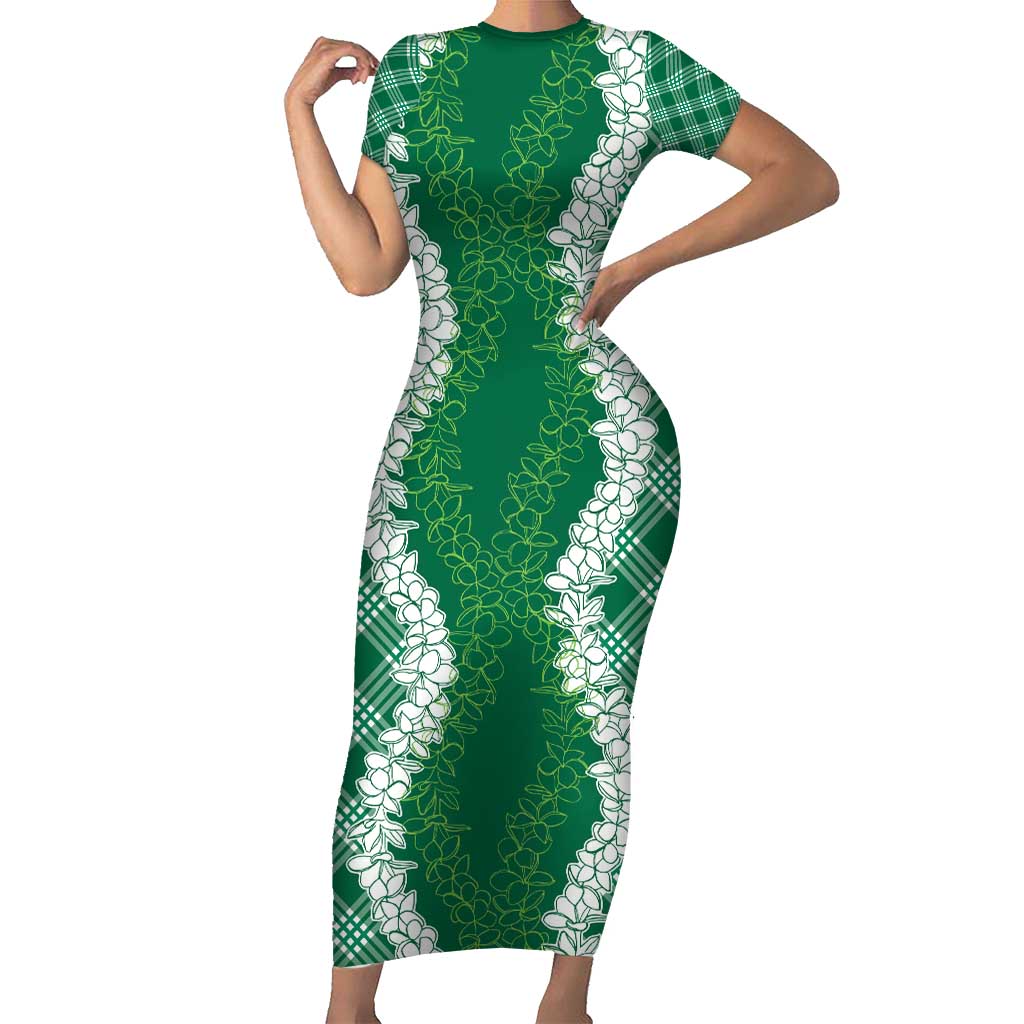 Hawaii Aloha Plumeria Lei Green Palaka Short Sleeve Bodycon Dress - Polynesian Pride