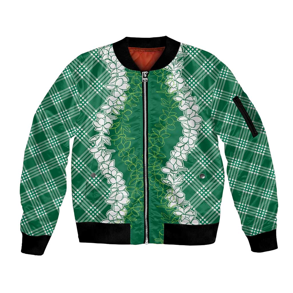 Hawaii Aloha Plumeria Lei Green Palaka Sleeve Zip Bomber Jacket LT7 Unisex Green - Polynesian Pride
