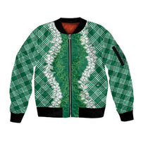 Hawaii Aloha Plumeria Lei Green Palaka Sleeve Zip Bomber Jacket LT7 Unisex Green - Polynesian Pride