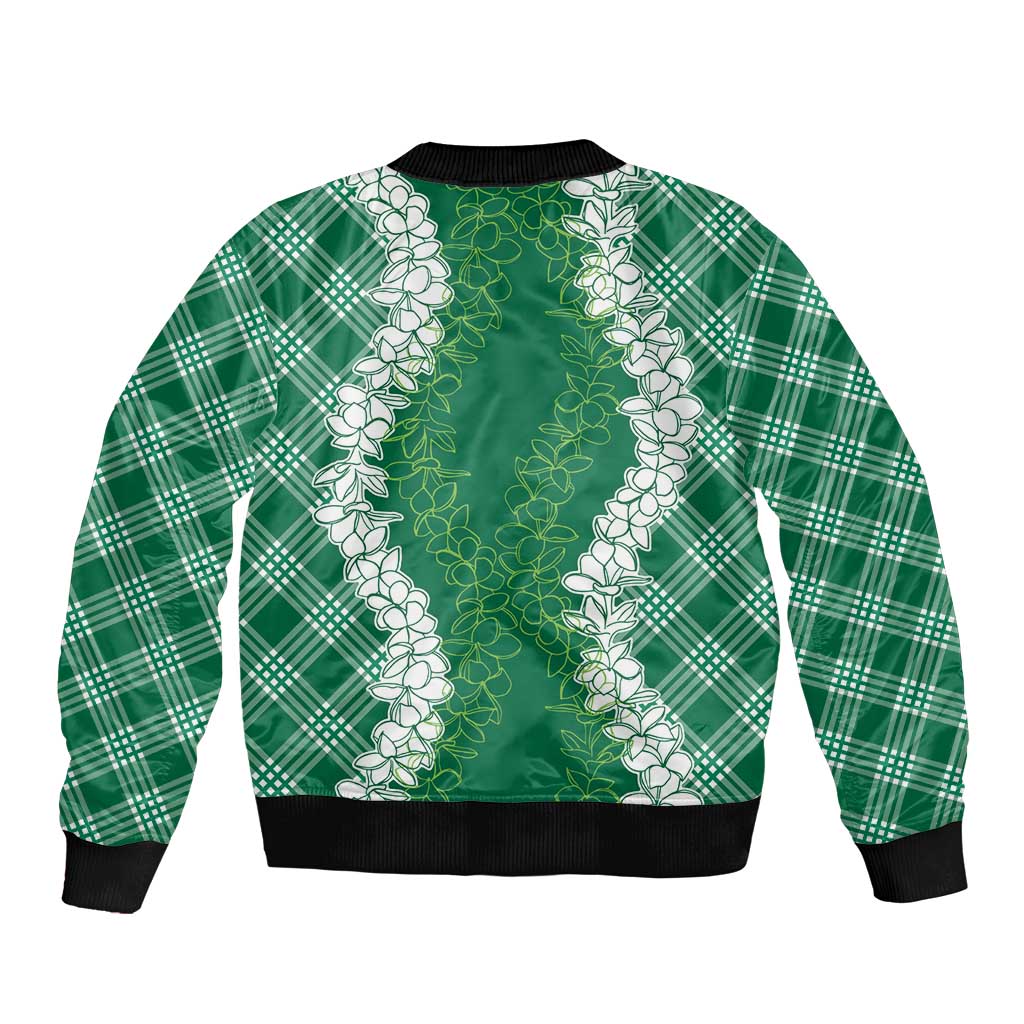 Hawaii Aloha Plumeria Lei Green Palaka Sleeve Zip Bomber Jacket LT7 - Polynesian Pride