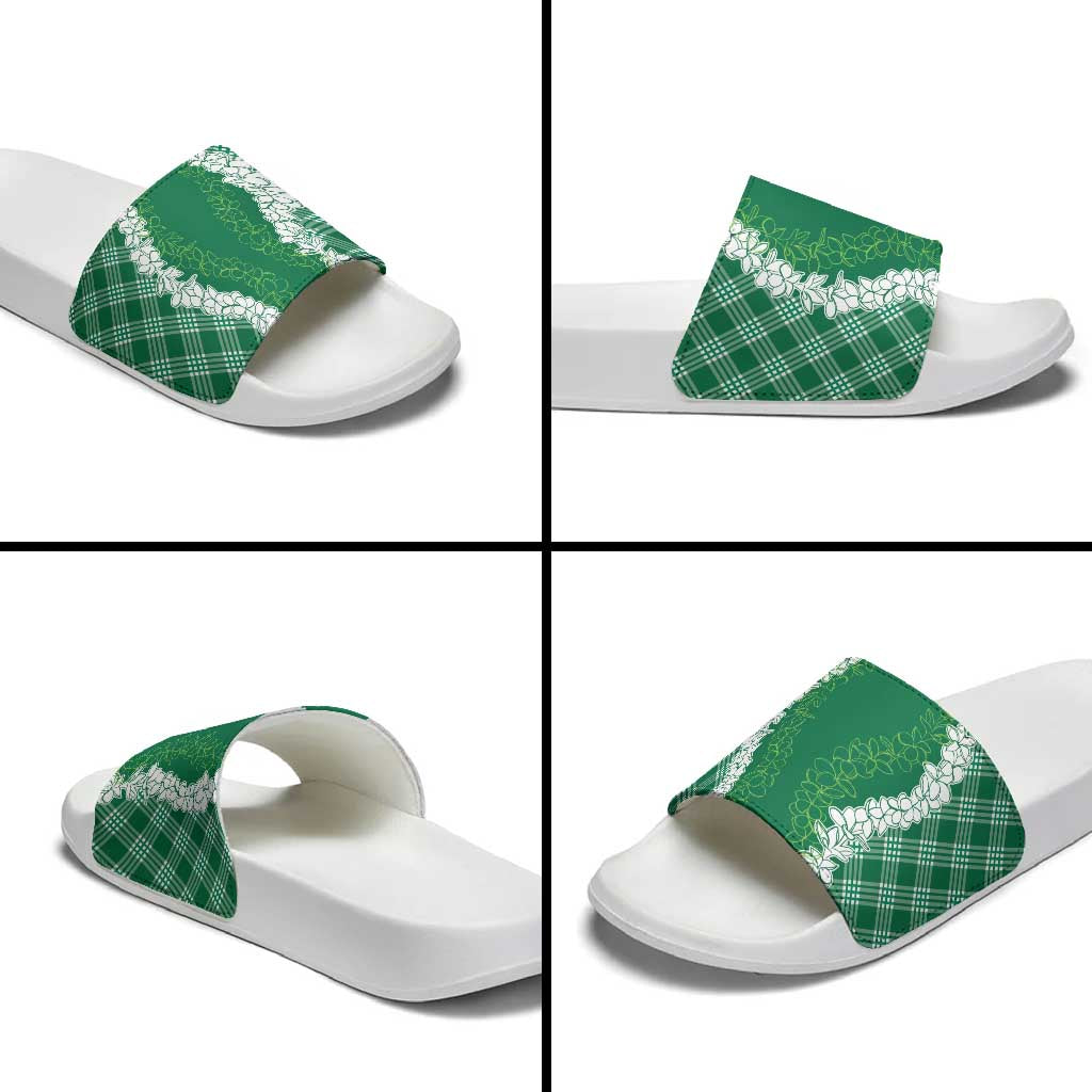 Hawaii Aloha Plumeria Lei Green Palaka Slide Sandals - Polynesian Pride