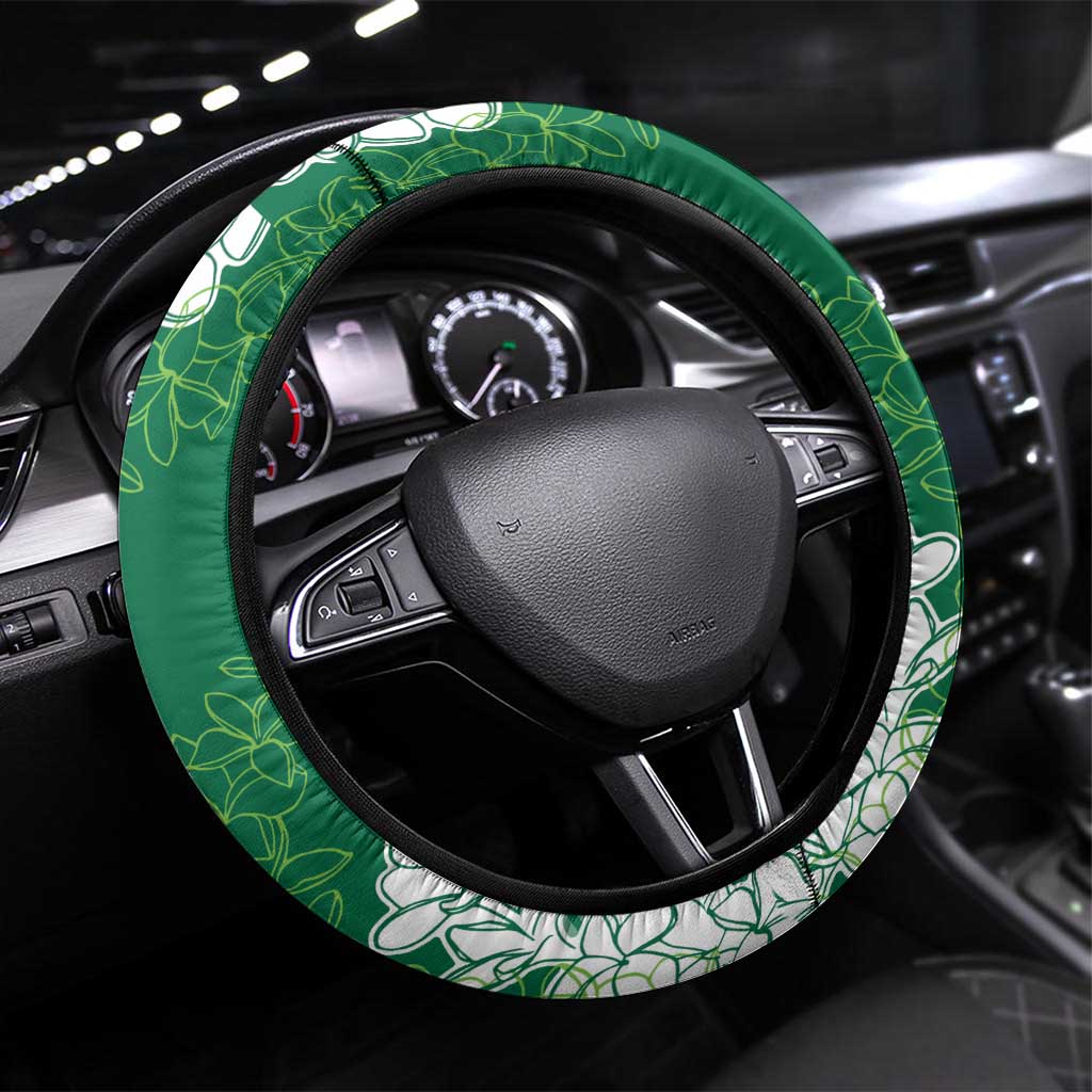 Hawaii Aloha Plumeria Lei Green Palaka Steering Wheel Cover - Polynesian Pride