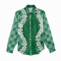 Hawaii Aloha Plumeria Lei Green Palaka Women Casual Shirt - Polynesian Pride