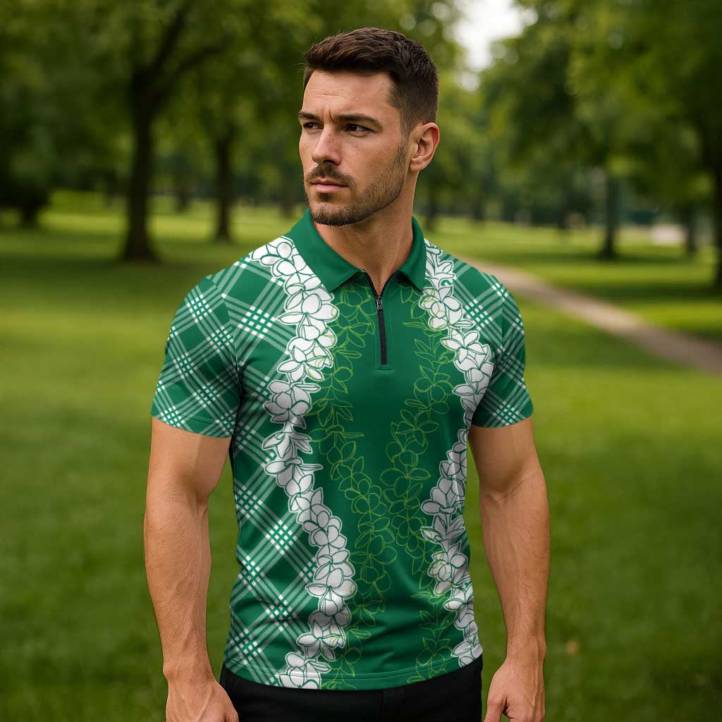 Hawaii Aloha Plumeria Lei Green Palaka Zipper Polo Shirt - Polynesian Pride
