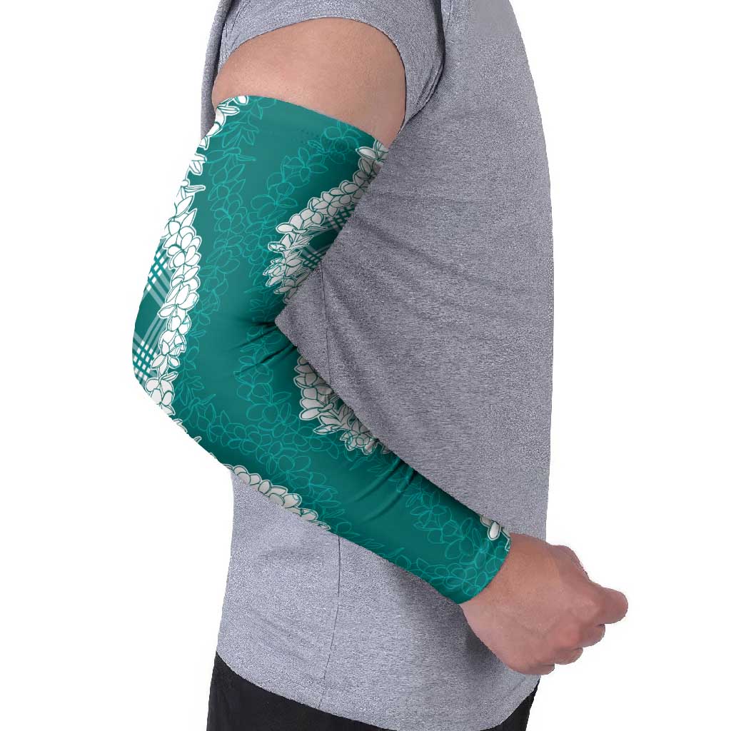 Hawaii Aloha Plumeria Lei Teal Palaka Arm Sleeves - Polynesian Pride