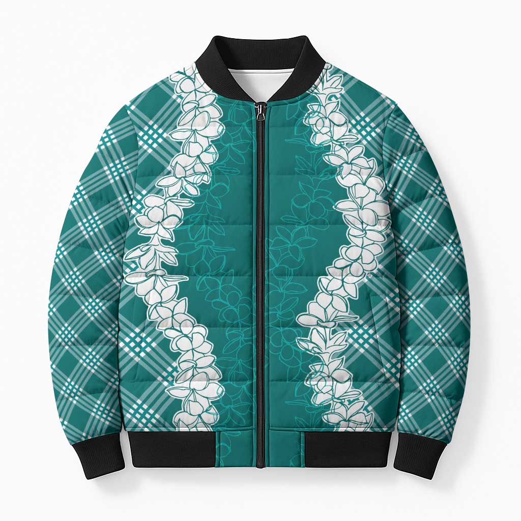 Hawaii Aloha Plumeria Lei Teal Palaka Bomber Puffer Jacket - Polynesian Pride