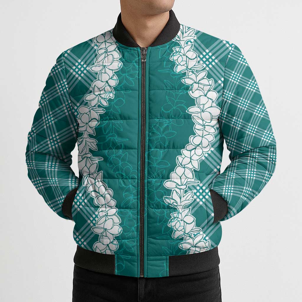 Hawaii Aloha Plumeria Lei Teal Palaka Bomber Puffer Jacket - Polynesian Pride