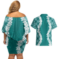 Hawaii Aloha Plumeria Lei Teal Palaka Couples Matching Off Shoulder Short Dress and Hawaiian Shirt - Polynesian Pride