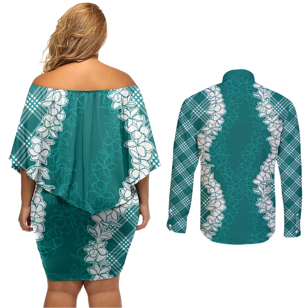 Hawaii Aloha Plumeria Lei Teal Palaka Couples Matching Off Shoulder Short Dress and Long Sleeve Button Shirt - Polynesian Pride
