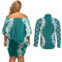 Hawaii Aloha Plumeria Lei Teal Palaka Couples Matching Off Shoulder Short Dress and Long Sleeve Button Shirt - Polynesian Pride