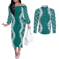 Hawaii Aloha Plumeria Lei Teal Palaka Couples Matching Off The Shoulder Long Sleeve Dress and Long Sleeve Button Shirt - Polynesian Pride