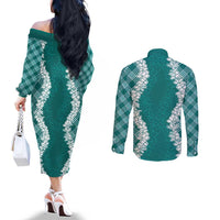 Hawaii Aloha Plumeria Lei Teal Palaka Couples Matching Off The Shoulder Long Sleeve Dress and Long Sleeve Button Shirt - Polynesian Pride