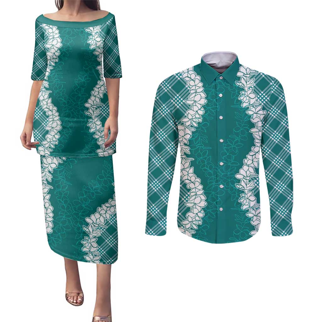 Hawaii Aloha Plumeria Lei Teal Palaka Couples Matching Puletasi and Long Sleeve Button Shirt - Polynesian Pride