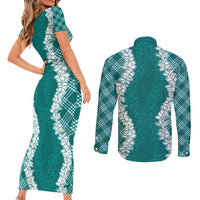 Hawaii Aloha Plumeria Lei Teal Palaka Couples Matching Short Sleeve Bodycon Dress and Long Sleeve Button Shirt - Polynesian Pride