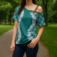 Hawaii Aloha Plumeria Lei Teal Palaka Cross Shoulder Shirt - Polynesian Pride