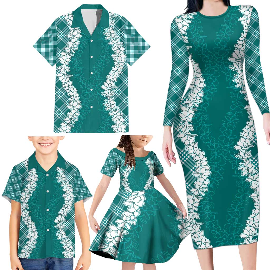 Hawaii Aloha Plumeria Lei Teal Palaka Family Matching Long Sleeve Bodycon Dress and Hawaiian Shirt - Polynesian Pride