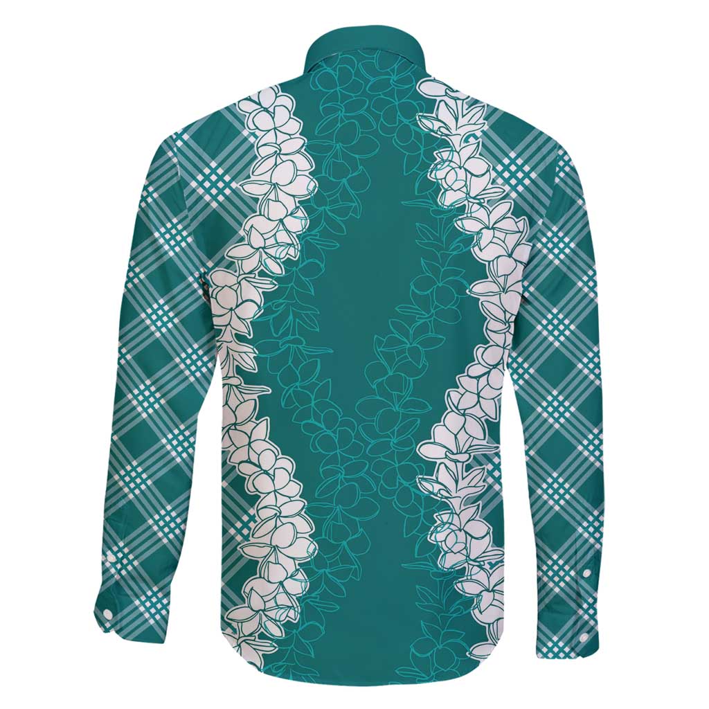 Hawaii Aloha Plumeria Lei Teal Palaka Family Matching Long Sleeve Bodycon Dress and Hawaiian Shirt - Polynesian Pride