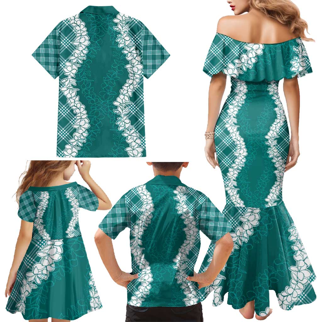 Hawaii Aloha Plumeria Lei Teal Palaka Family Matching Mermaid Dress and Hawaiian Shirt - Polynesian Pride