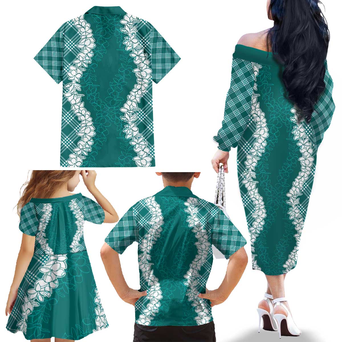 Hawaii Aloha Plumeria Lei Teal Palaka Family Matching Off The Shoulder Long Sleeve Dress and Hawaiian Shirt - Polynesian Pride
