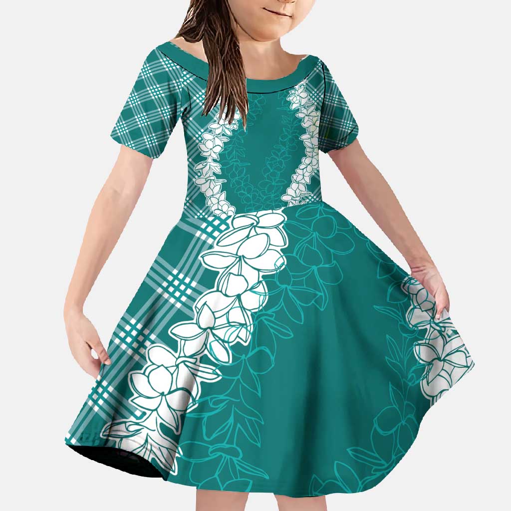 Hawaii Aloha Plumeria Lei Teal Palaka Family Matching Off Shoulder Maxi Dress and Hawaiian Shirt - Polynesian Pride