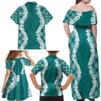 Hawaii Aloha Plumeria Lei Teal Palaka Family Matching Off Shoulder Maxi Dress and Hawaiian Shirt - Polynesian Pride