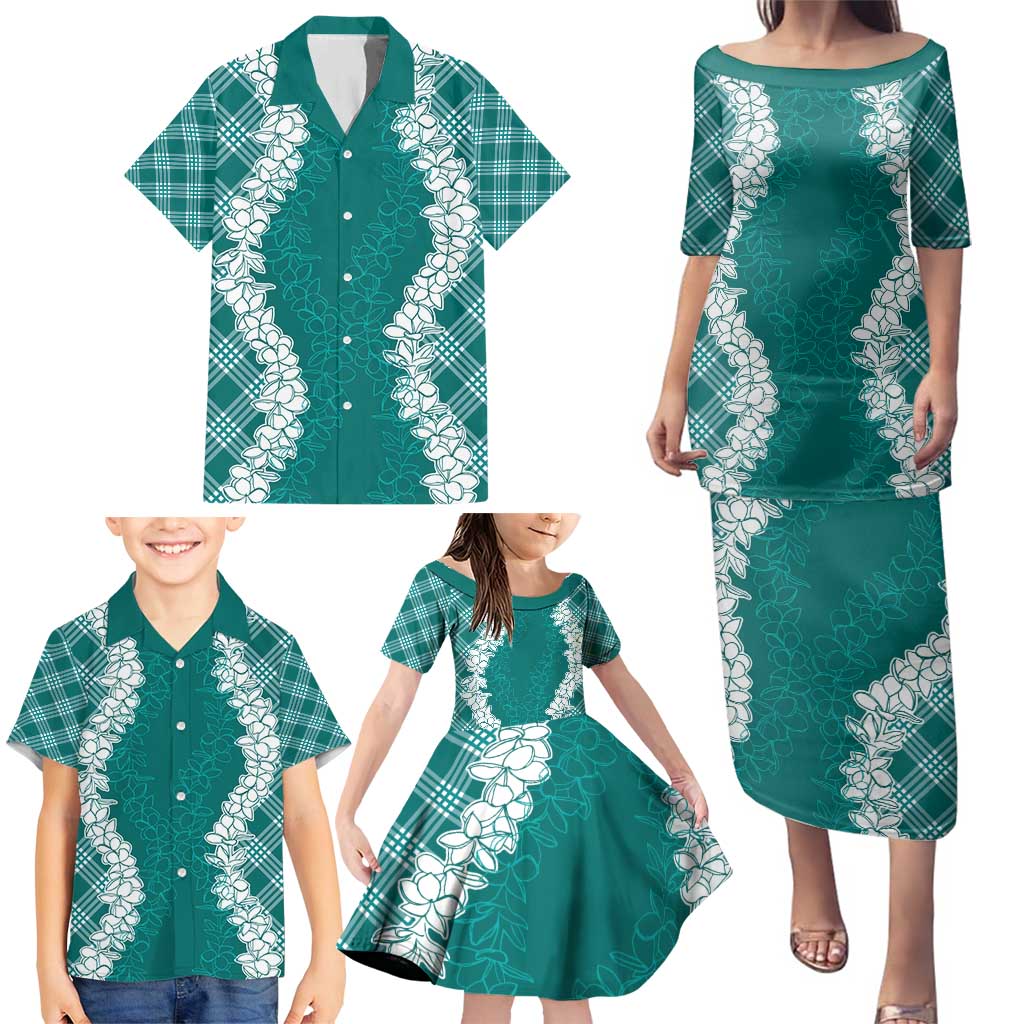 Hawaii Aloha Plumeria Lei Teal Palaka Family Matching Puletasi and Hawaiian Shirt - Polynesian Pride